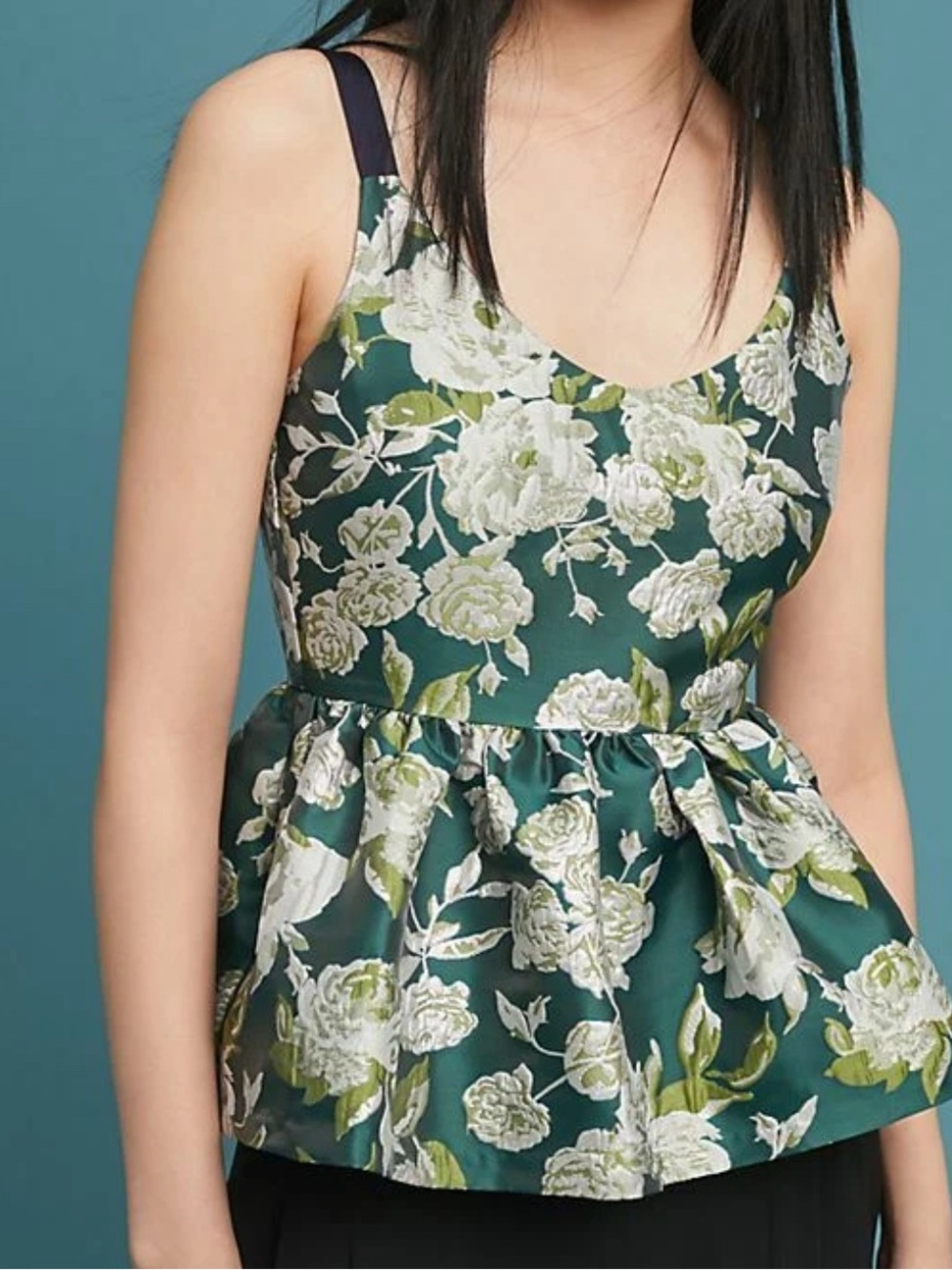 Anthropologie Sunday in Brooklyn Floral Green Jaquard Peplum Top, XL